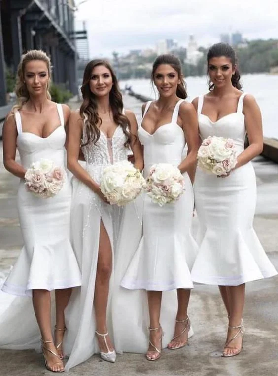 white bridesmaid dress short mermaid satin elegant mermaid cheap wedding party dresses 2021 Tunics Custom made white bridesmaid dress short mermaid satin elegant mermaid cheap wedding party dresses 2021 Tunics Custom made