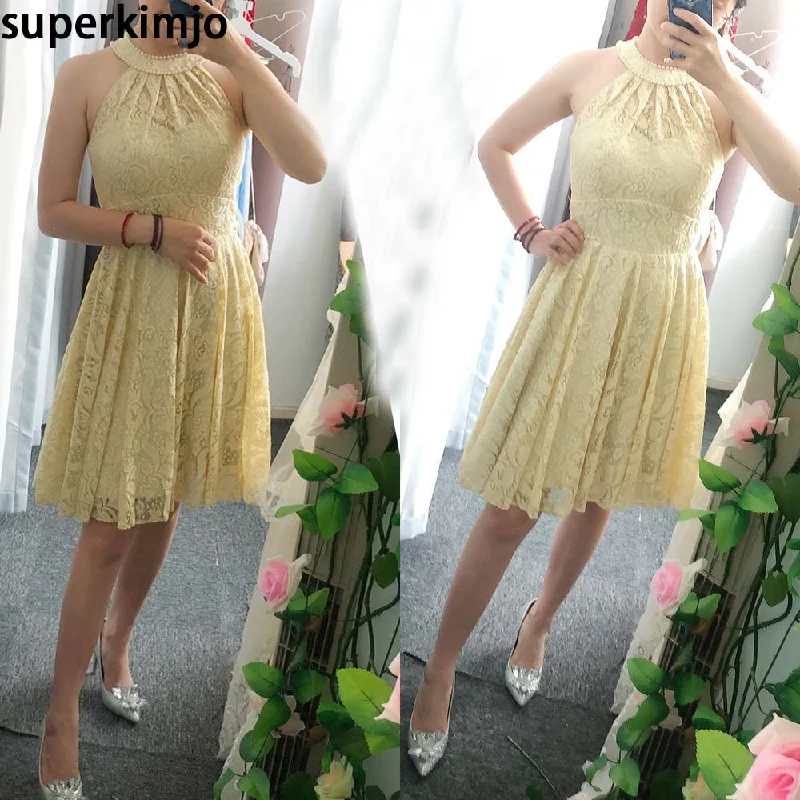 yellow bridesmaid dresses short lace beaded neck elegant knee length cute gold wedding party dresses Tunics Silk luxurious yellow bridesmaid dresses short lace beaded neck elegant knee length cute gold wedding party dresses Tunics Silk luxurious