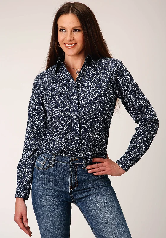 WOMENS LONG SLEEVE SNAP NAVY AND WHITE FLORAL PRINT WESTERN SHIRT Anti-Shrink Durable Soft WOMENS LONG SLEEVE SNAP NAVY AND WHITE FLORAL PRINT WESTERN SHIRT Anti-Shrink Durable Soft