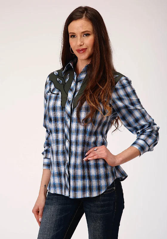 WOMENS LONG SLEEVE SNAP NAVY BLUE GREY AND WHITE PLAID WESTERN SHIRT Anti-Pilling Machine Wash Handmade WOMENS LONG SLEEVE SNAP NAVY BLUE GREY AND WHITE PLAID WESTERN SHIRT Anti-Pilling Machine Wash Handmade