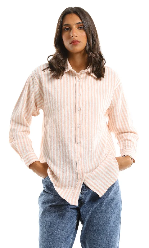 98801 Long Sleeves Striped Linen Shirt - White & Coral Notch Collar Peter Pan Collar Cowl Neck 98801 Long Sleeves Striped Linen Shirt - White & Coral Notch Collar Peter Pan Collar Cowl Neck