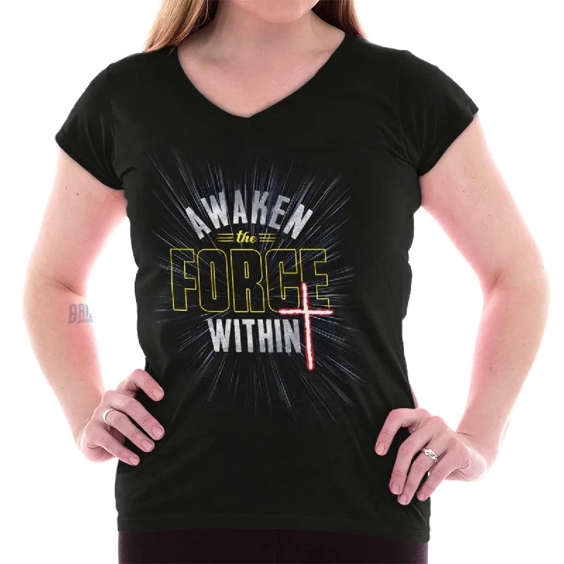 Awaken The Force Within Junior Fit V-Neck T-Shirt Solid Color Striped Floral