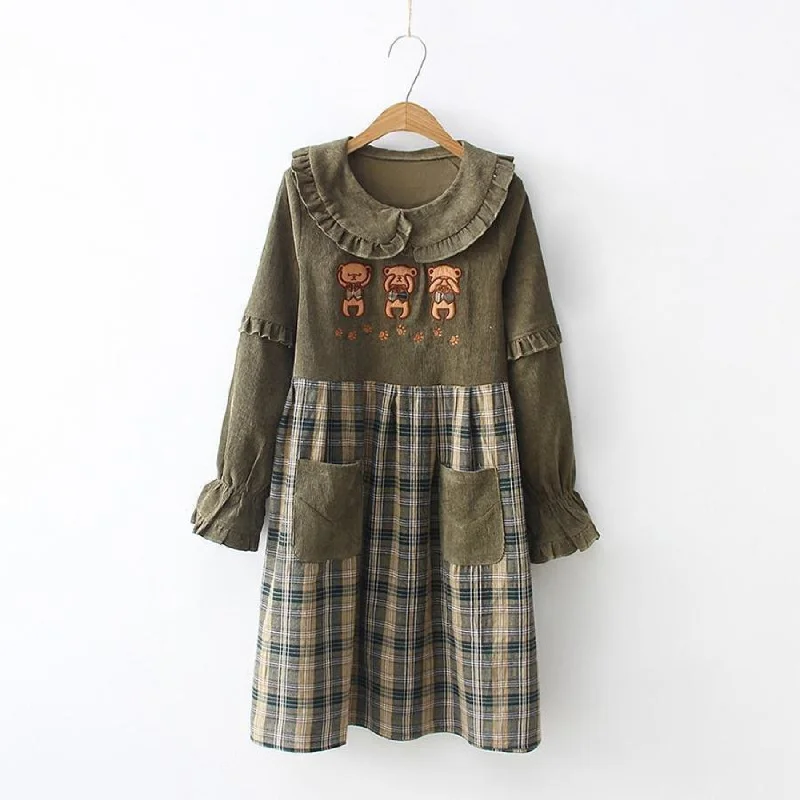 Bears Doll Collar Ruffle Plaid skirt Pocket Corduroy Dress J30010