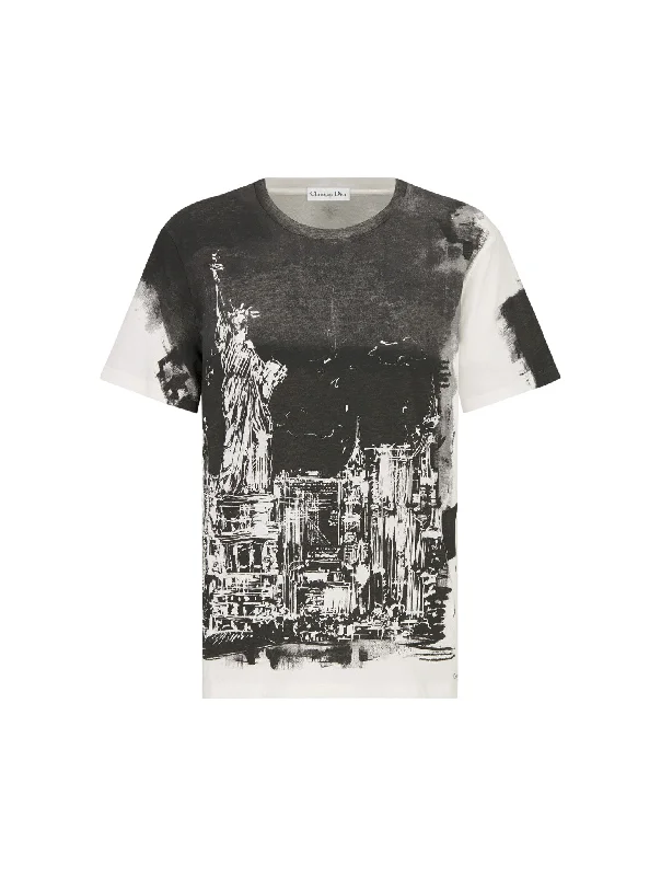 T-shirt in black and white cotton and linen jersey with New York motif Solid Print Embellished T-shirt in black and white cotton and linen jersey with New York motif Solid Print Embellished