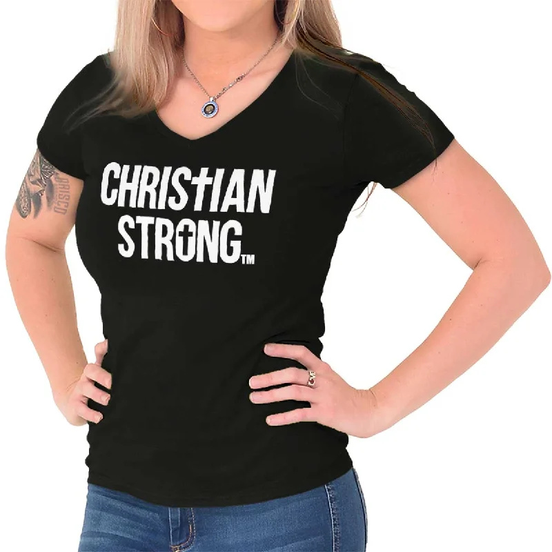 Christian Strong Logo Junior Fit V-Neck T-Shirt Chenille Blend Fleece Blend Nylon Blend Christian Strong Logo Junior Fit V-Neck T-Shirt Chenille Blend Fleece Blend Nylon Blend