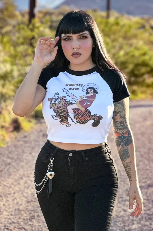 Clown In Around Short Raglan Cropped Baby tee in White/Black Chenille Blend Fleece Blend Nylon Blend Clown In Around Short Raglan Cropped Baby tee in White/Black Chenille Blend Fleece Blend Nylon Blend