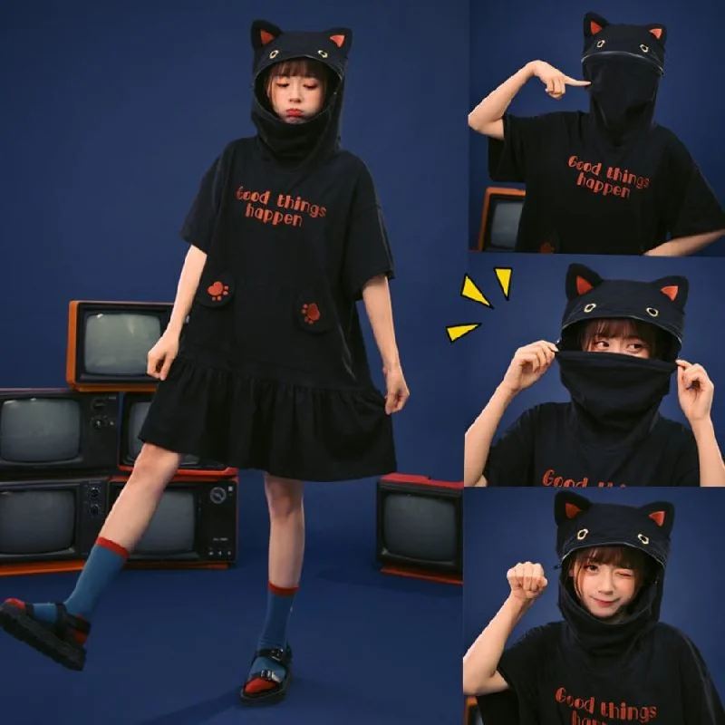 GOOD THINGS HAPPEN Letter Cat Paw Ears Eyes Embroidery Zipper Hooded Dress