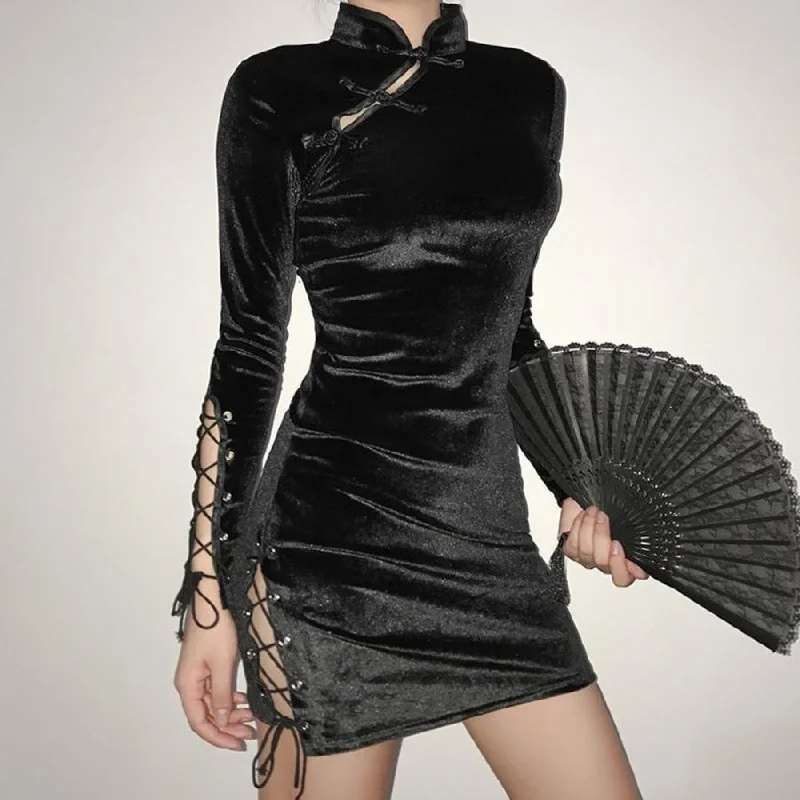 Lace Up Vintage Velvet Cheongsam Dress Slim J20075