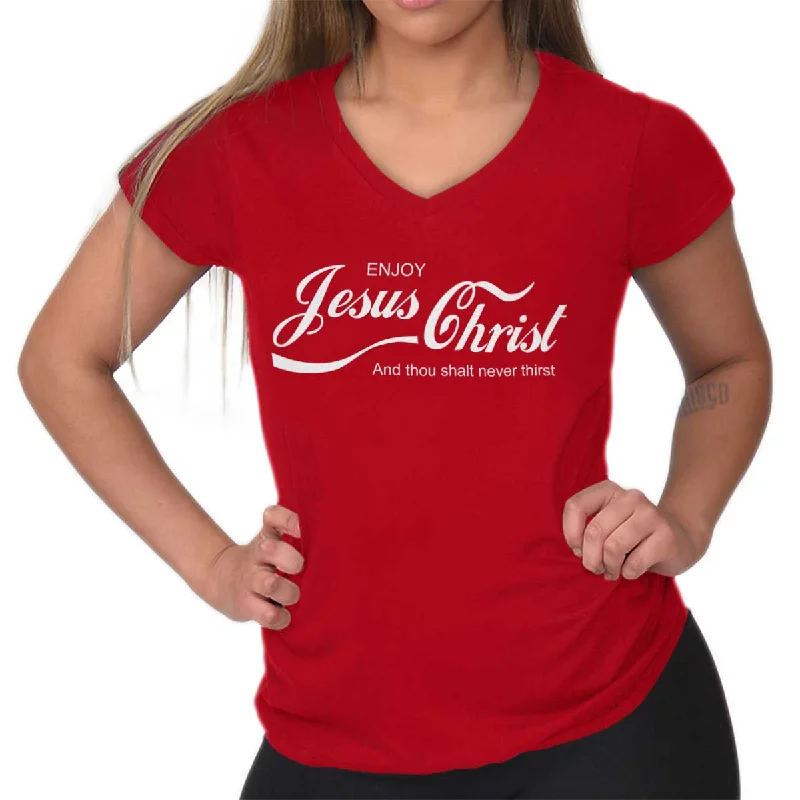 Enjoy Jesus Christ Junior Fit V-Neck T-Shirt Chenille Blend Fleece Blend Nylon Blend Enjoy Jesus Christ Junior Fit V-Neck T-Shirt Chenille Blend Fleece Blend Nylon Blend