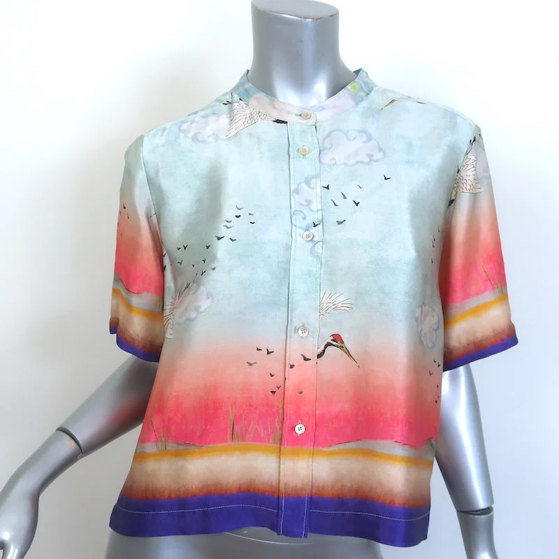 Forte Forte Sunset Bird Print Cropped Silk Shirt Size 2 Short Sleeve Top Ribbed Striped Patterned Forte Forte Sunset Bird Print Cropped Silk Shirt Size 2 Short Sleeve Top Ribbed Striped Patterned