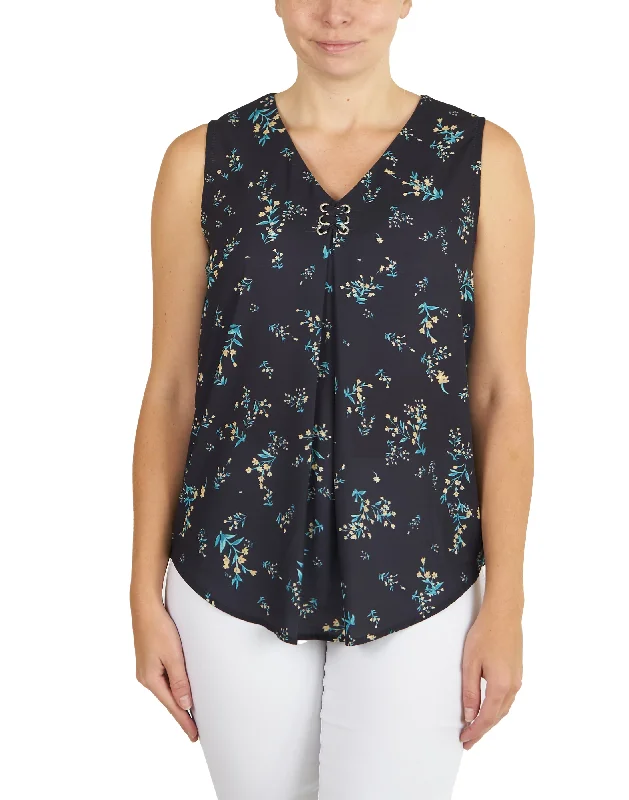 Lace Up Pleat V Neck Sleeveless Shirt Fitted T-Shirt Seamless Stretchy