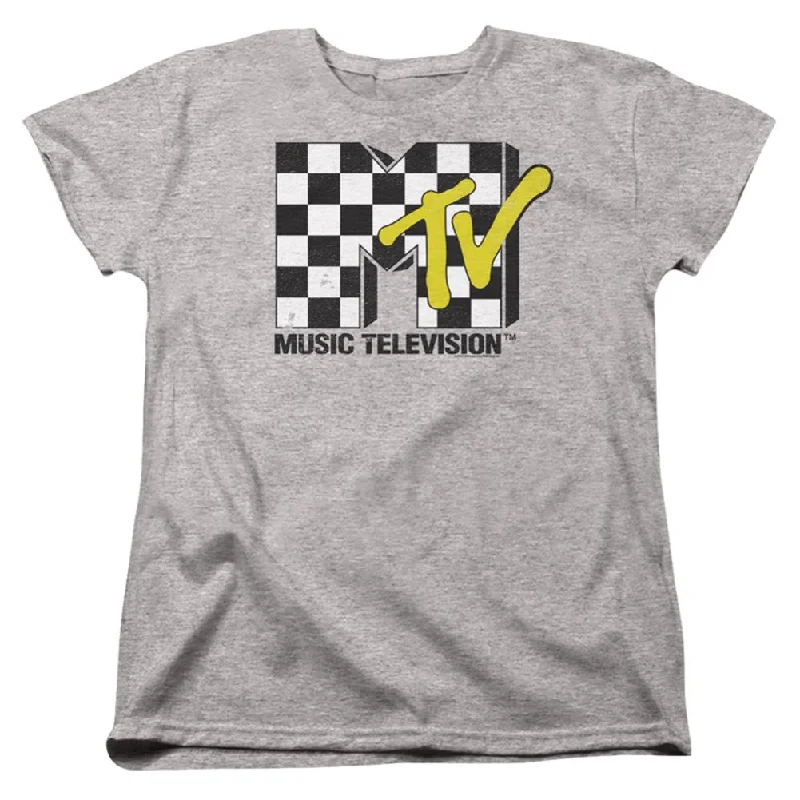 MTV Checker Board Logo Women's 18/1 Cotton Short-Sleeve T-Shirt Collared T-Shirt Boat Neck A-Line MTV Checker Board Logo Women's 18/1 Cotton Short-Sleeve T-Shirt Collared T-Shirt Boat Neck A-Line
