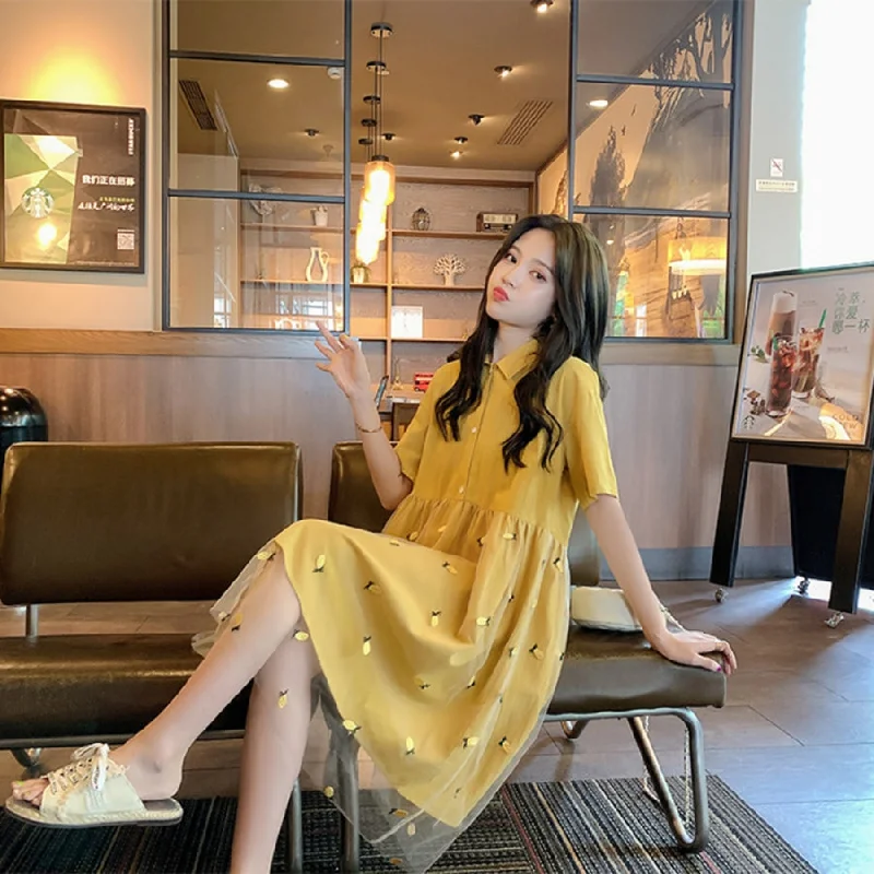 Pineapple Embroidery Polo Mesh Smocking Dress J40176