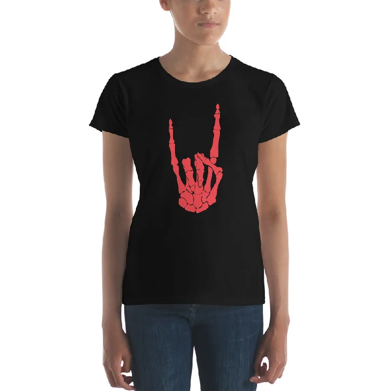 Red Devil Bone Hand Heavy Metal Horns Up Sign Women's Short Sleeve Babydoll T-shirt Cotton Fabric Linen Fabric Terry Fabric Red Devil Bone Hand Heavy Metal Horns Up Sign Women's Short Sleeve Babydoll T-shirt Cotton Fabric Linen Fabric Terry Fabric