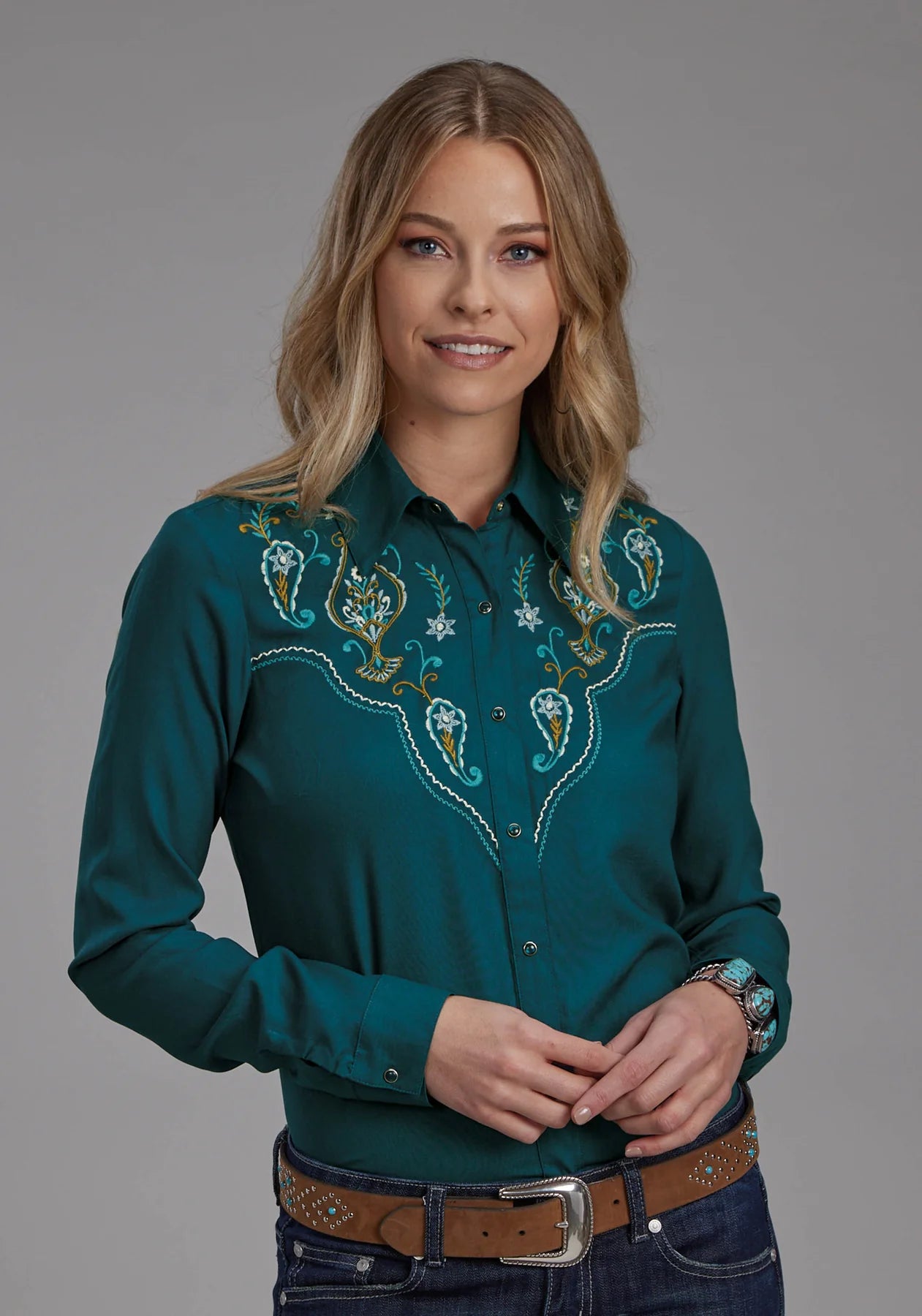Roper Wms Studio West Collection LS Shirt Solid Green Notch Collar Peter Pan Collar Cowl Neck Roper Wms Studio West Collection LS Shirt Solid Green Notch Collar Peter Pan Collar Cowl Neck