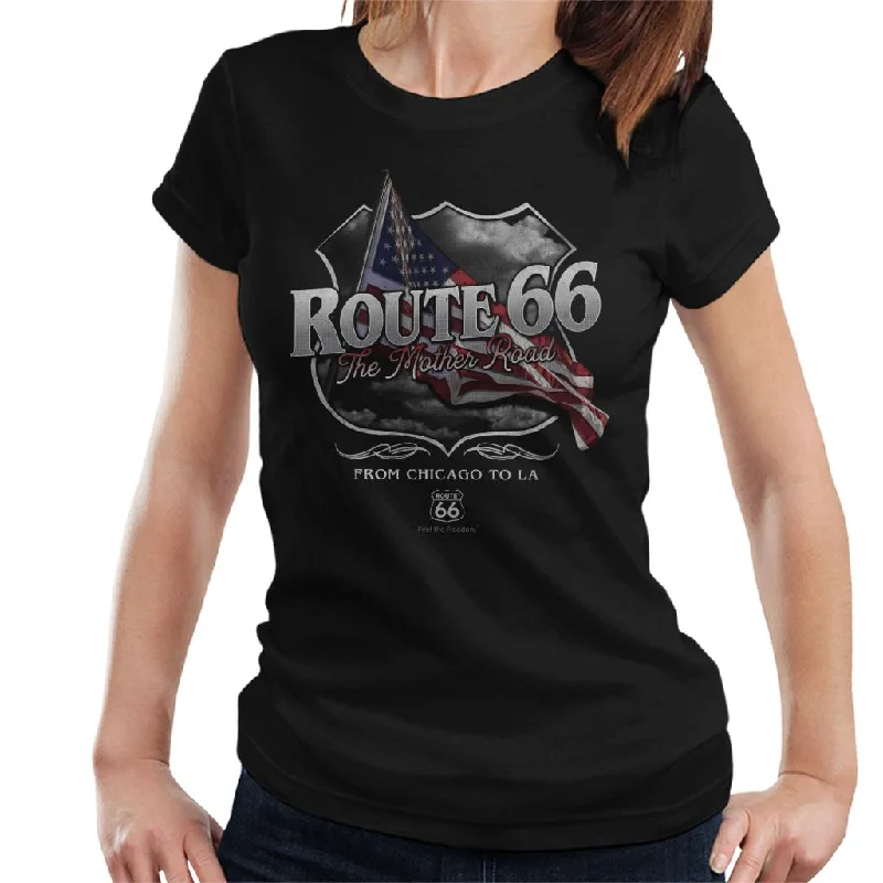 Route 66 Mother Road American Flag Women's T-Shirt Denim Fabric Leather Fabric Suede Fabric Route 66 Mother Road American Flag Women's T-Shirt Denim Fabric Leather Fabric Suede Fabric