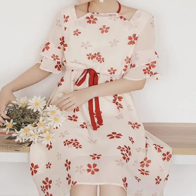 Vintage Sweet Cherry blossom Print Tiered Sleeve Dress mp006151