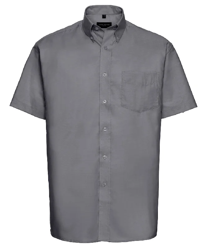 Silver - Short sleeve easycare Oxford shirt Notch Collar Peter Pan Collar Cowl Neck