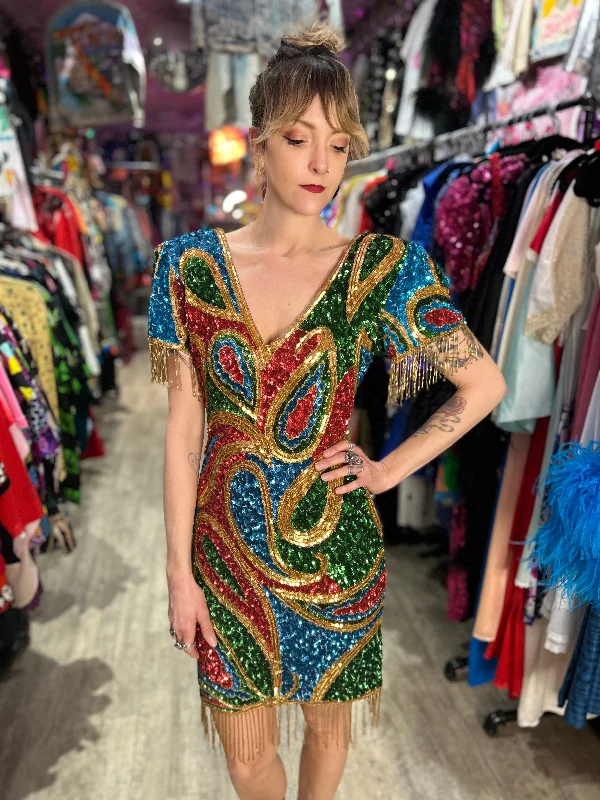 Vintage 80’s Beaded Fringe Disco Sequin Dress