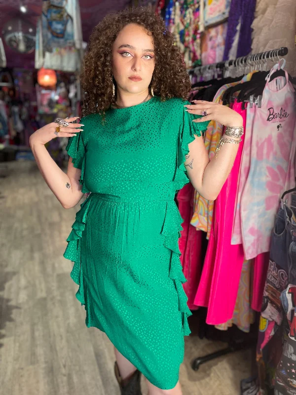 Vintage 80’s Emerald Green Embossed Silky Ruffle Dress