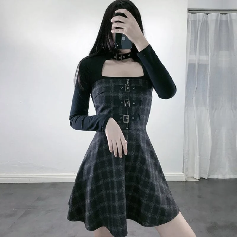 British Look Vintage Plaid Zipper Buckle High Waist Slip Dress J40053
