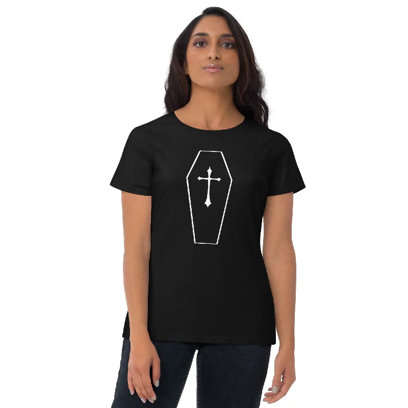 Vintage Toe Pincher Coffin w/ Gothic Cross Women's Short Sleeve Babydoll T-shirt Solid Print Embellished Vintage Toe Pincher Coffin w/ Gothic Cross Women's Short Sleeve Babydoll T-shirt Solid Print Embellished