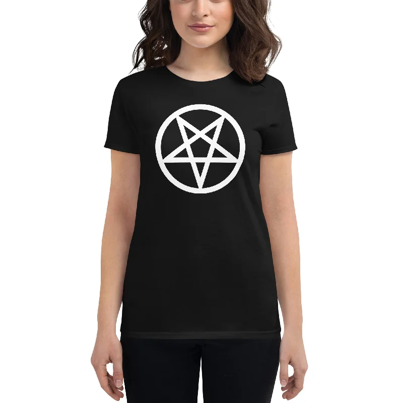 White Classic Inverted Pentagram Occult Symbol Women's Short Sleeve Babydoll T-shirt Welt Pockets Slit Pockets Flap Pockets White Classic Inverted Pentagram Occult Symbol Women's Short Sleeve Babydoll T-shirt Welt Pockets Slit Pockets Flap Pockets