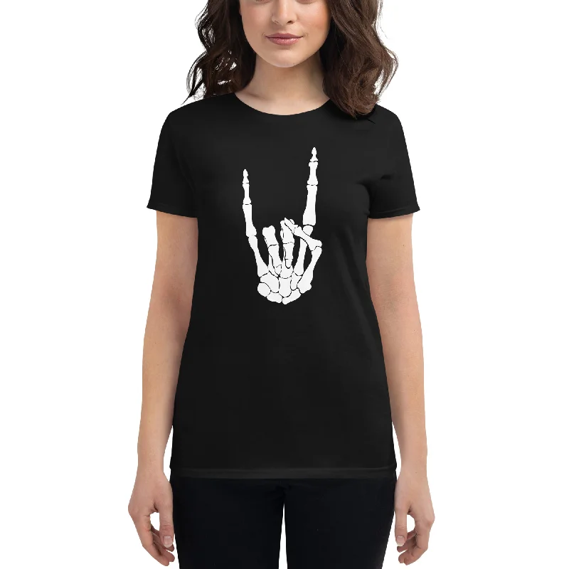 White Devil Bone Hand Heavy Metal Horns Up Sign Women's Short Sleeve Babydoll T-shirt Machine Wash Dry Clean Hand Wash White Devil Bone Hand Heavy Metal Horns Up Sign Women's Short Sleeve Babydoll T-shirt Machine Wash Dry Clean Hand Wash