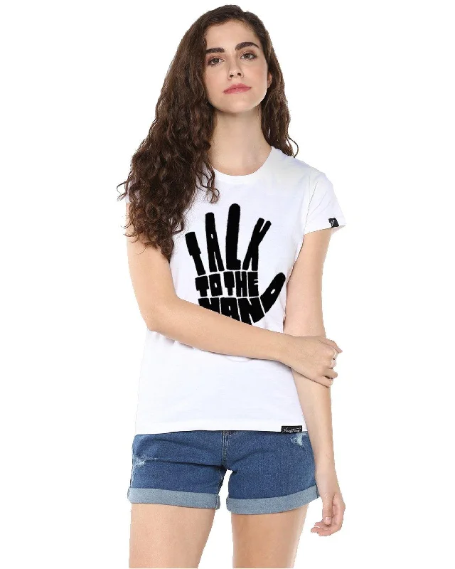 Womens Half Sleeve Talk Printed White Color Tshirts Mesh Fabric Canvas Fabric Denim Fabric Womens Half Sleeve Talk Printed White Color Tshirts Mesh Fabric Canvas Fabric Denim Fabric